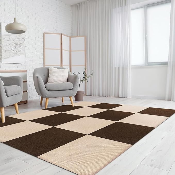Carpet Tiles Peel and Stick 24” x 24”, Self Adhesive Soft Padded Flooring Stickers, Khaki Home Decor for Bedroom Living Room Office, 20 Tiles & 80 sq ft per Box