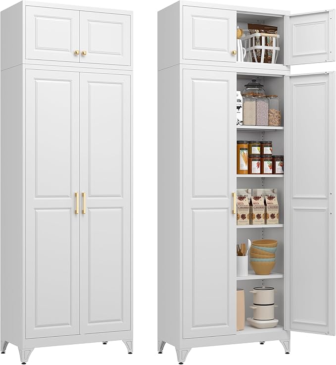 Kitchen Pantry Cabinet, 90" Tall Metal Storage Cabinet, Food Pantry cabinets with Doors and Shelves, Storage Cabinets for Living Room, Dining, White,16" D x 32" W x 90" H, Assembly Required