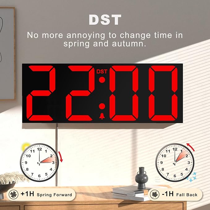 JALL 22'' Large Digital Wall Clock, Big LED Number Dispaly, DST, Night Light for Classroom, Living Room, Bedroom, Mounted, Birthday Xmas Gift for Senior, Mem Womem Mom Dad, Red