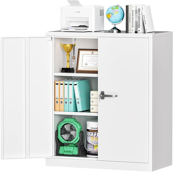 INTERGREAT Metal Garage Storage Cabinet, 36" Lockable Storage Cabinet with 2 Doors and 2 Adjustable Shelves, Steel White File Cabinet Great for Home Office, Garage, Warehouse, Study Room