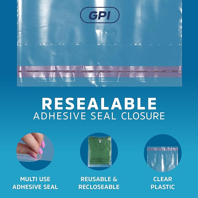 100 Count - 16" x 24" Extra-Large Self Seal Poly Bags with Suffocation Warning, 1.5 Mil, Clear Polybags with Resealable Adhesive Strip for Shipping & Packaging Clothing, T Shirts & Sweaters. GPI