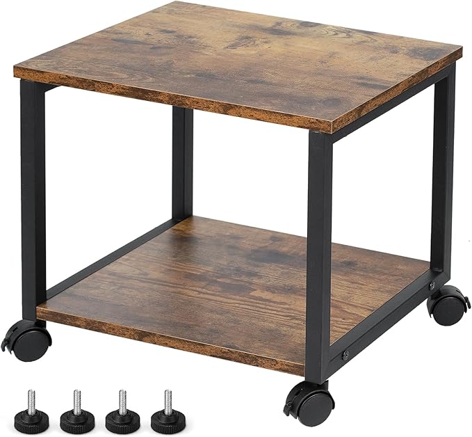 Under Desk Printer Stand - 2-Tier Industrial Mobile Printer Table with Storage Shelf, Heavy Duty Wood Rolling Printer Cart with Wheels for Home and Office,Rustic Brown