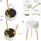 IBUYKE Faux Fur Vanity Stool Chair, Furry Makeup Stool Ottoman, Soft Padded Seat, Round Footrest Footstools with 4 Metal Legs, for Living Room Bedroom Entryway, White LG-32W