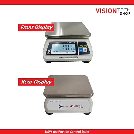 VisionTechShop DSW-100 Portion Food Scale with Single LCD Display, Stainless Steel Platter, 60lb Capacity, 0.02lb Readability, Lb/Oz/Kg/g Switchable, NTEP COC #22-007, NSF Certified