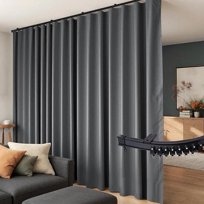 Room Divider Curtains Flexible Ceiling Tracks set Curtain track Ceiling Mount Blackout Curtain for Living Room Bedroom Ceiling Curtain Rod Privacy Dividers Panels W180 x H108 Grey Drape & Black rail