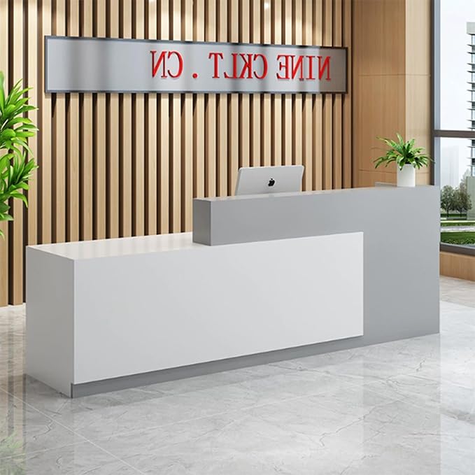 PLMOKN Wood Reception Desk Marble Stone with Checkout Retail Counter L Shaped Modern Mostrador para Negocio Office Desk Closed Front with Storage Drawers for Barber,Salon,Clothing Store