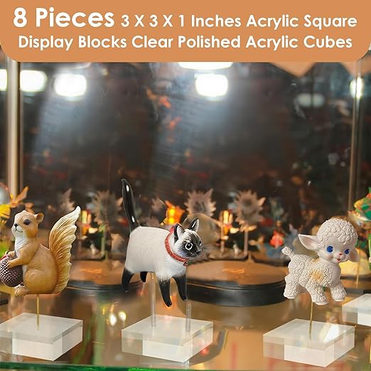 Vicenpal 8 Pcs Acrylic Square Display Block Clear Polished Cube Jewelry Stand Solid Acrylic Pedestal Stand Crystal Ring Showcase Holder Display Base for Riser(3 x 3 x 1 Inch)