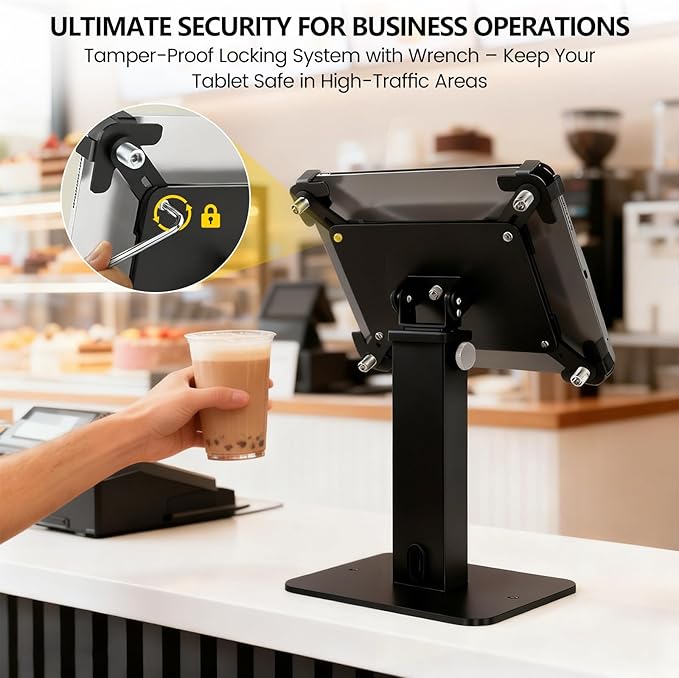 Adjustable Height Rotating Tablet Stand with Anti-Theft Lock, 360°Swivel & Tilt Aluminum & Carbon Steel Holder for 9.7-13 inch Tablets, for Desk, Office, Retail, Education(Black)