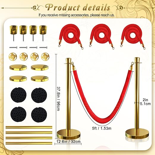 4PCS Top Crown Decoration Gold Stanchions Posts with 3PCS 5 ft Red Velvet Rope, Red Velvet Rope Stanchion Set Crowd Control Barriers, Stanchions and Velvet Ropes Red Carpet Poles for Party Supplies