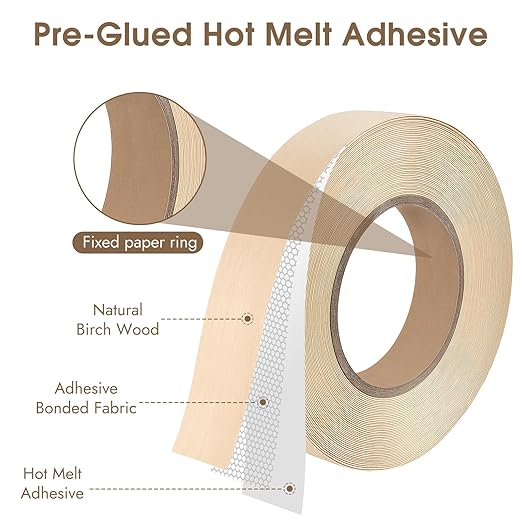 BEVTEE Birch Edge Banding, 7/8 Inch x 50 ft Wood Veneer Roll Pre-glued, Flexible Birch Iron-on Veneer Edge Band for Plywood & Furniture Edging, Natural Wood Color for DIY & Professional Projects