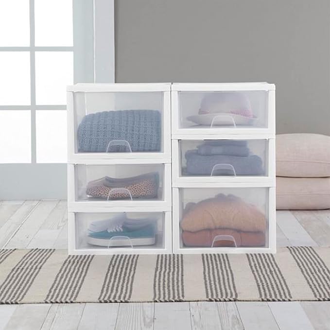Sterilite 12-Pack 16 Quart Stacking Drawer, Clear Storage Closet Organizer, White Frame - Stackable Modular Plastic Drawers for Clothes, Accessories, Craft Supplies, Shoes or Linens
