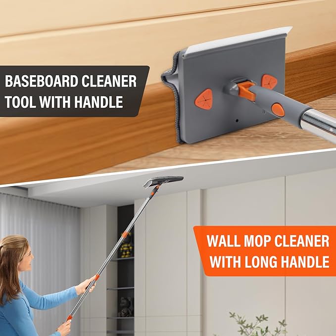 Baseboard Cleaner Tool with Handle,Wall Cleaner mop with Squeegee, Baseboard Cleaning Tool with 85" inch Extension Pole,8 Replacement Pads for Baseboards Cleaning, Ceiling, Wall, Floor, Shower