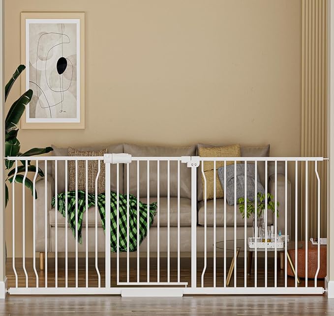 HOOEN Extra Wide Baby Gate for Doorways Stairs 76.38-86.3 Inch Large Long Pressure Mounted Dog Gates Indoor Walk Through Child Gates for Kids or Pets White Safety Gate (White, 76.38-86.3")