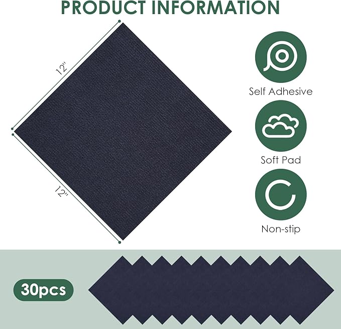 30 Pack Carpet Tile - 12” X 12” Self Adhesive Carpet Floor Tiles Anti-Slip Squares Peel and Stick Floor Tilel DIY Installation for Bedroom (Blue)