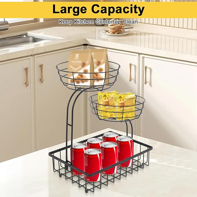 3 Tier Countertop Fruit Vegetable Basket Bowl Storage, Solid Metal Kitchen Counter Organizer for Storing Fruits, Veggies, Bread, Snacks (Black)