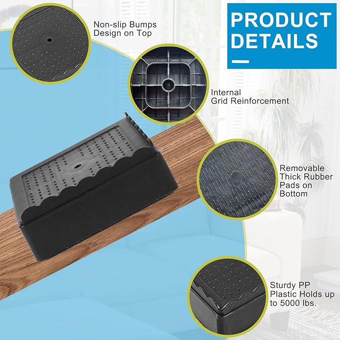 Bed Risers 1 inch, 2 inch, 3 inch, 4 inch Heavy Duty, Adjustable Furniture Riser for Table Desk Couch Sofa Chair Recliner Leg Frame Dorm, Stackable Bed Raisers Blocks (Black 6 Pack, 1 inch)