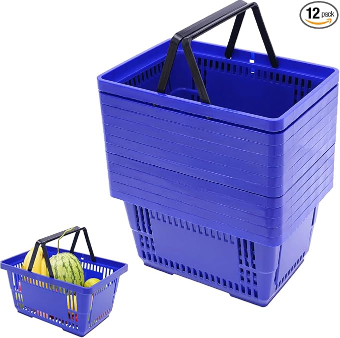 12PCS Shopping Baskets with Handles, Portable Wire Shopping Basket,Open&Stackable Design for Supermarket, Retail, Bookstore (Blue).