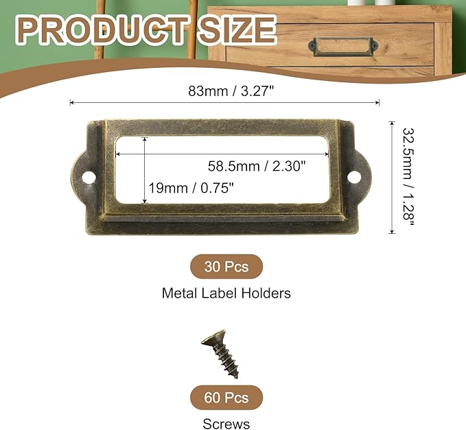 PATIKIL 83x32.5mm Metal Label Holders, 30 PCS Label Name Card Tag Frames with Screws for Office Library File Cabinets Shelves Wood Drawers Fabric Bins, Bronze