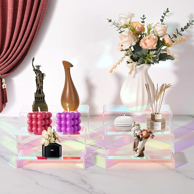 Iridescent Acrylic Display Risers, 6pcs Rainbow Display Stand Rectangular Stands Showcase Transparent Display Shelf for Dessert Cupcake Collectibles Figures Jewelry Perfume Christmas Decor