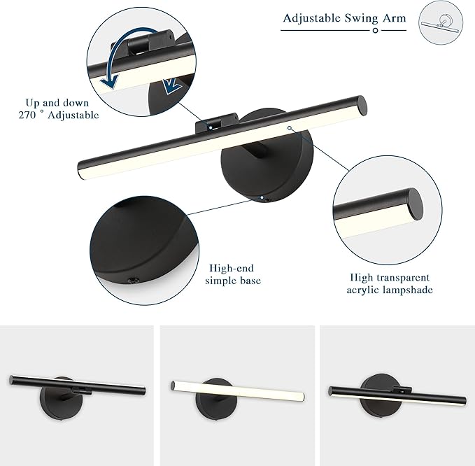 Hardwired Adjustable Lighting Matte Black Modern LED Picture Lights for Paintings 15.7'' Inch Long Swing Arm Metal Art Lights Warm White 3000K