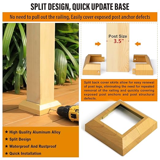 8 pcs 4"x4" (Actual: 3.5"x3.5") Aluminum Deck Post Base Cover, for Deck railings, Stairs, Patios, Porches Split Deck Post Skirt (Burlywood)
