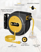 45 FT Retractable Extension Cord Reel, Heavy Duty Power Cord, 12AWG/3C SJTOW, 3 Grounded Outlets Lighted Triple Tap, Ceiling/Wall Mount,15 Amp Circuit Breaker, ETL Listed, Yellow Y45ACR06
