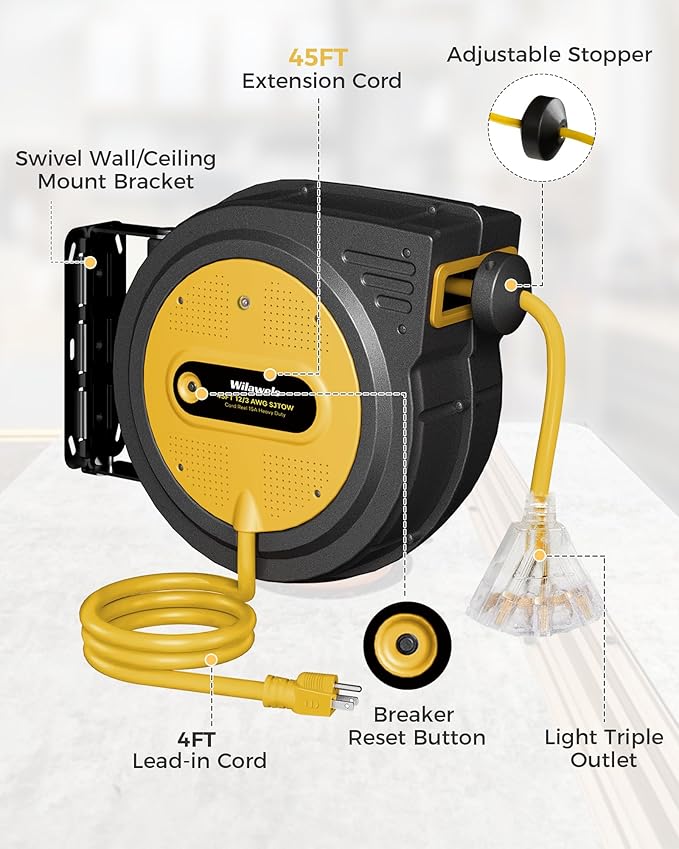 45 FT Retractable Extension Cord Reel, Heavy Duty Power Cord, 12AWG/3C SJTOW, 3 Grounded Outlets Lighted Triple Tap, Ceiling/Wall Mount,15 Amp Circuit Breaker, ETL Listed, Yellow Y45ACR06