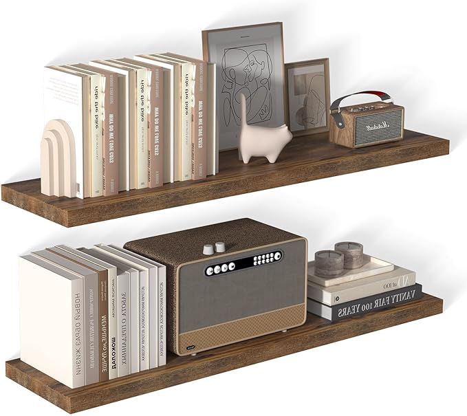 12 Inch Deep Floating Shelves for Wall 2 Pack Floating Shelfs Large Storage Space Wall Decor Display Shelf for Bathroom Living Room Bedroom Kitchen 48" W x 12" D x 1.2" H Rustic Brown