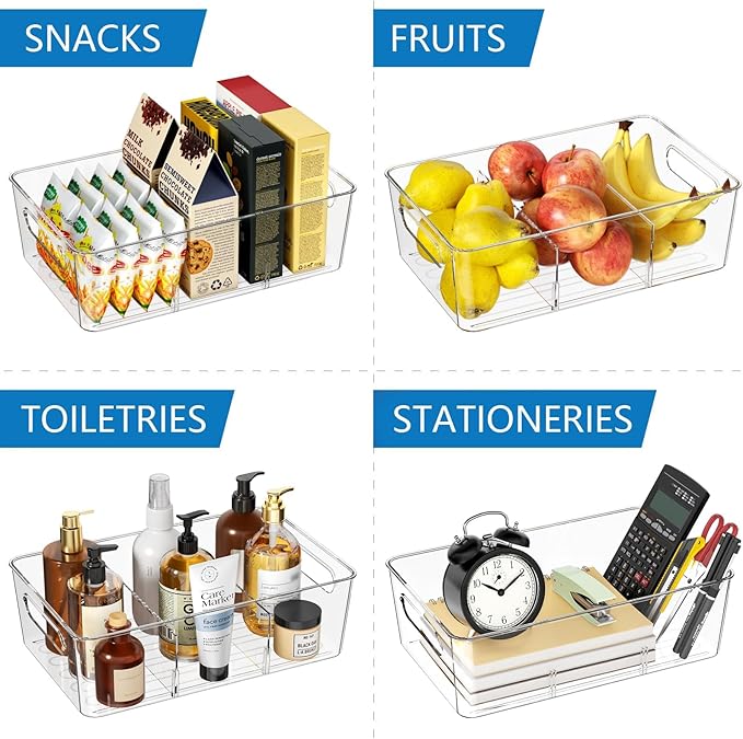 Pantry Organizers and Storage, 4 Pack Snack Organizer for Pantry Shelf,Food Storage Bins with Divider,Clear Containers for Organizing,Transparent Plastic Basket,Refrigerator and Fridge Bins
