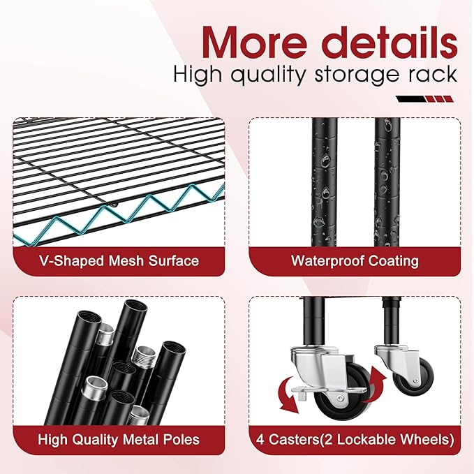 6-Tier Rolling Storage Shelves, 14" D x 24" W x 71" H Adjustable Space-Saving Wire Rack Shelving, 750 lbs Capacity Heavy Duty Metal Shelving with Wheels for Garage, Closet, Kitchen