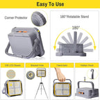 ERAY LED Work Light with 4 Solar Panel, 150W 12000mAH Rechargeable Worklight with 336 LED Beads/4 Modes/IP64/Stepless Dimming, Portable Job Site Light for Emergency Workshop（Grey