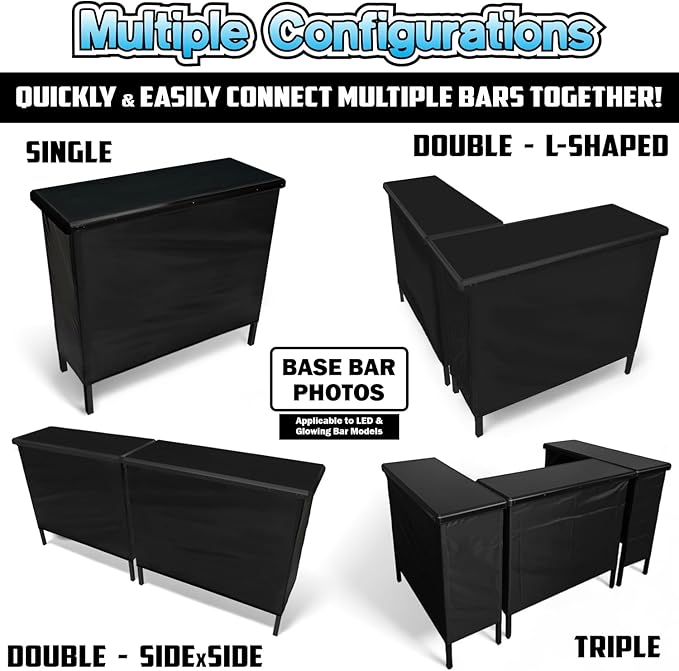 PartyLife Custom Premium Portable Bar Table w/LED Lights, Wireless Remote, Folding Legs, Black Fabric Bar Skirt, 2 Storage Shelves & 2 Carrying Bags | Commercial Grade | Strong & Sturdy