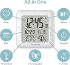 KADAMS Bathroom Clock 9.5" Kitchen Wall Clock with Large LCD Screen – Shower Clock with Suction Cup,Temperature, Humidity, Calendar – Water-Resistant, 4 Mounting Options, White