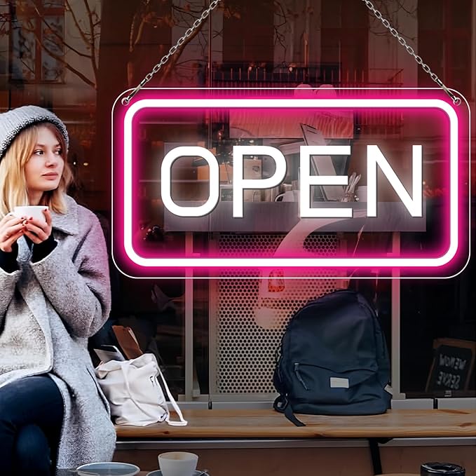 inShareplus 22.8"x 11.8" Open Sign, Super Bright Open Signs for Business, Neon Open Sign with ON/OFF Switch adapter, Electric Light up Sign for Stores, Restaurants Window (Pink&White Horizontal)