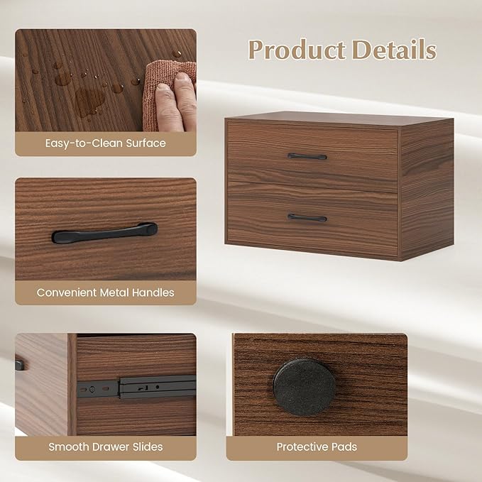 GOFLAME Stackable 2-Drawer Dresser, Wood Horizontal Storage Organizer with Metal Handle & Smooth Sliders, Lateral File Cabinet with Anti-tilt Kit for Bedroom Office, Walnut