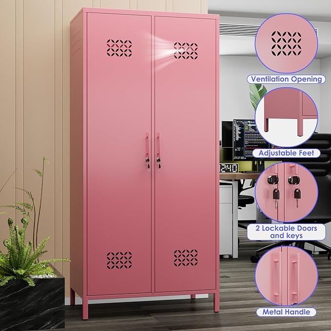 Aobabo Metal Wardrobe Cabinets with Lock, 2 Door Metal Closet wtih 4 Adjustable Shelves and 2 Hannging Rod, Lockable Locker Cabinet, Storage Locker for Home, Office,Pink, Assembly Required