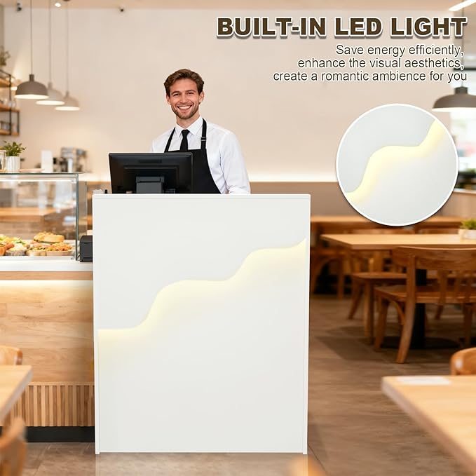 Reception Desk with Counter LED Light, Modern Front Desk with Lockable Drawer, White Retail Checkout Counter for Clothing Store Lobby Beauty Salon (White, 37.8x31.5x15.7in)