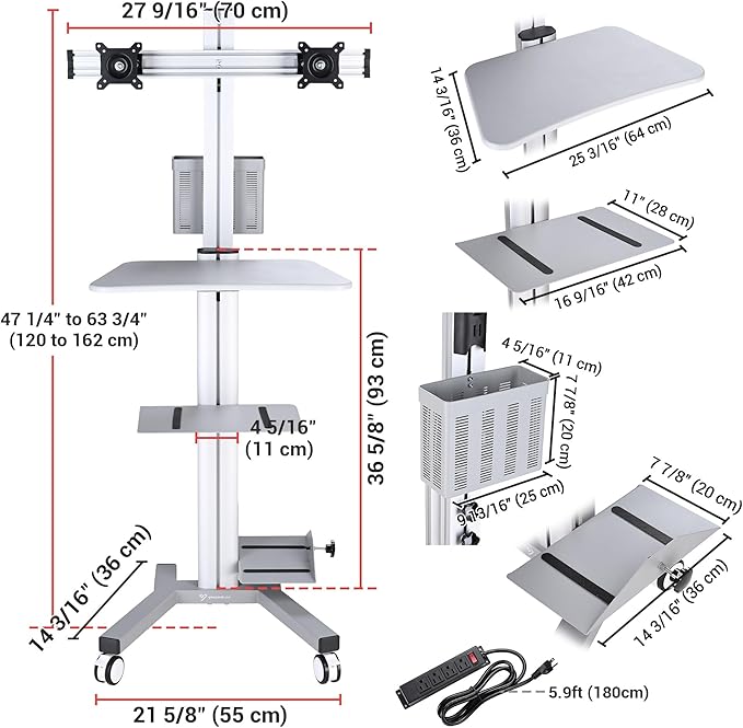 Yescom Mobile Computer Cart Rolling PC Stand Desk Workstation Dual Monitor Mount with Wheels Adjustable Keyboard Tray CPU Printer Holder for Hospital Clinic School Office Silver
