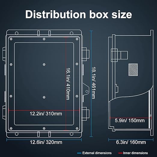Outdoor Electrical Junction Box with High Power Outlet, ABS Water Resistant Enclosure with Internal Mounting Panel & Hinged Cover. (18.1" H* 12.6" L* 6.3" W & Outlet)