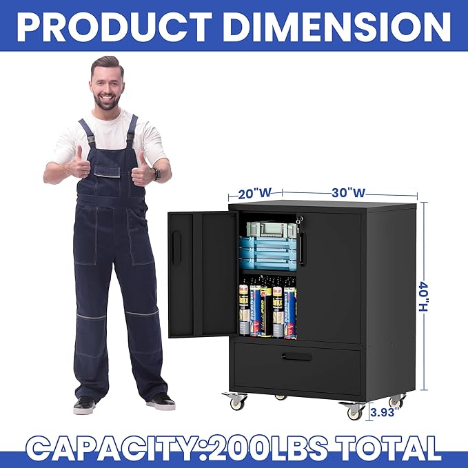 Metal Tool Storage Cabinet with Wheels,Black Heavy Duty Mobile Rolling Tool Cabinets for Garage,Metal Storage Cabinets with 2 Locking Doors and 1 Drawer,Assembly Required