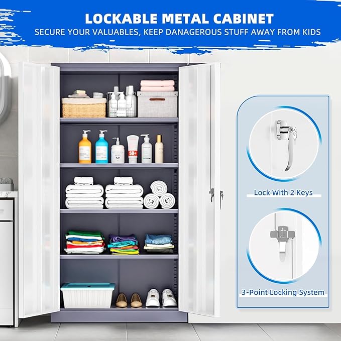 INTERGREAT Storage Cabinet with Doors and Shelves, Metal Garage Storage Cabinets with Lock, Black Lockable Steel Supply Cabinet for Home Office, Warehouse (Grey White)