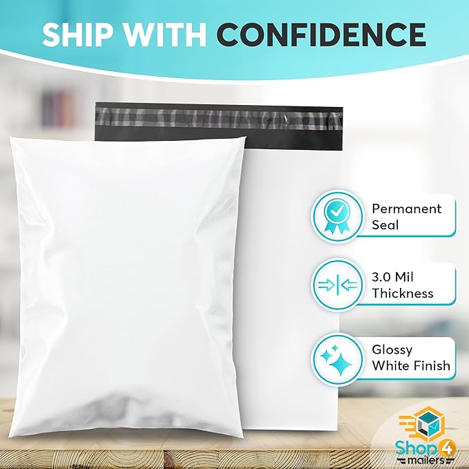 Shop4Mailers 12x15.5 3 Mil Heavy Duty Thick Large Shipping Poly Mailer Bags, Waterproof and Tear-Resistant Postal Package Envelopes, Permanent Adhesive Seal (500 Pack)