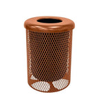 COATEDOUTDOORFURNITURE 32-Gallon Heavy-Duty Expanded Metal Round Trash Receptacle, Commercial Outdoor Waste Bin with Liner & Black Flat Top Lid – Made in America (Textured Copper)