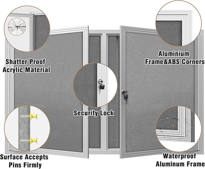 Mifuro 48"x30" Enclosed Bulletin Board, Outdoor Lockable Weather-Resistant Aluminum Cork Noticeboard for School & Office, Silver Frame w/Grey Flet