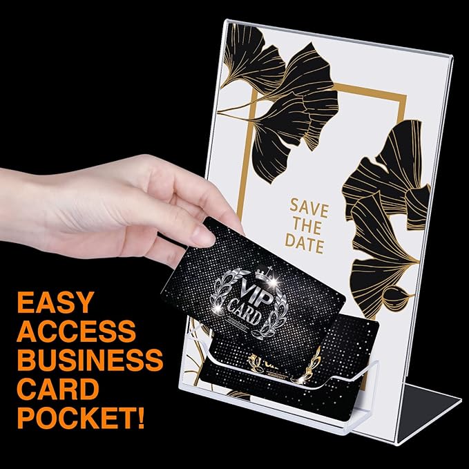 Remerry 12 Pcs Acrylic Sign Holder with Business Card Holder Slanted Paper Stand Clear Brochure Display Stand Heavy Duty Plastic Signs for Office Table Advertisement Flyer (4 x 6 Inch)