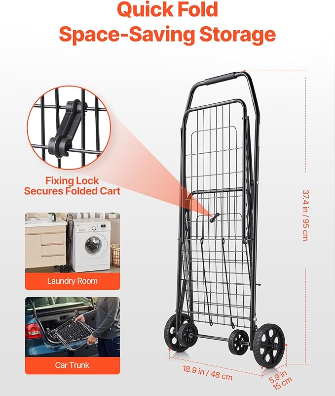 VEVOR Shopping Cart, Folding Grocery Utility Cart with Swivel Wheels, 90 LBS Large Load Capacity, Heavy Duty Rolling Laundry Basket Butler for Laundry, Shopping, Camping, Grocery, Luggage, Black