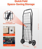 VEVOR Shopping Cart, Folding Grocery Utility Cart with Swivel Wheels, 90 LBS Large Load Capacity, Heavy Duty Rolling Laundry Basket Butler for Laundry, Shopping, Camping, Grocery, Luggage, Black