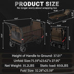 LEVELEVE Heavy Duty Folding Wagon - 2-in-1 Collapsible Cart, 650lb Capacity, All-Terrain Wheels w/Brakes & Side Pockets (Brown)