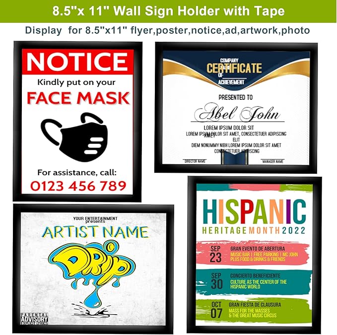 8.5" x 11" Acrylic Sign Holder Wall Mount, Plastic Magnetic Display Frame With Tape,Clear Plexiglass Self-adhesive Plastic Display Frame, Door/Window Sign Holder 3 pack No Drilling