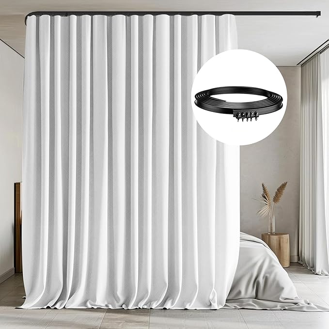 Room Divider Curtains with Flexible Ceiling Tracks Set,Blackout Curtain Ceiling Mount Curtain Track Privacy Room Dividers Ceiling Track Curtain Rod(White Drape & Black Rail W 15 × H 9 FT)